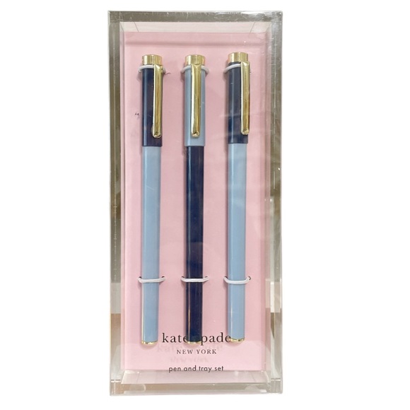 ♠️ KATE SPADE ♠️ New York Navy & Blue Colorblock Pen Set w/Acrylic Tray - Picture 1 of 7